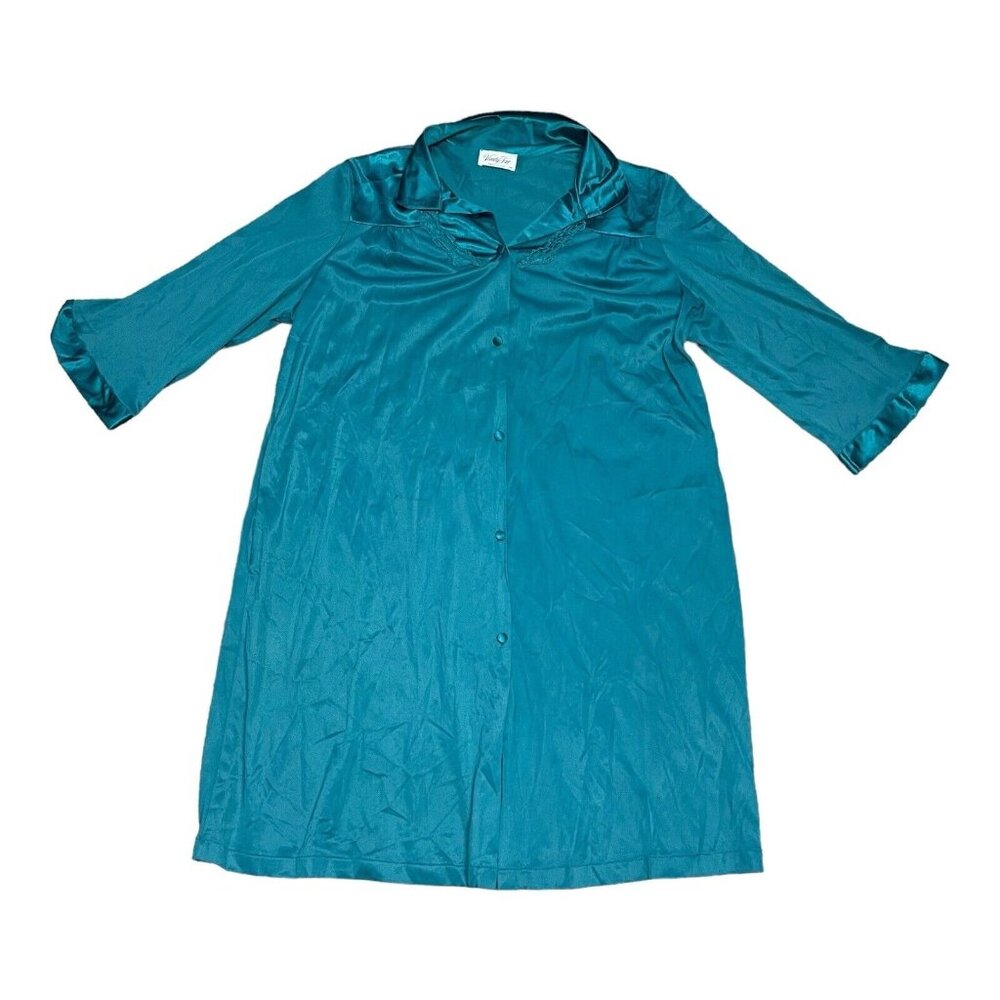 Vanity Fair Turquoise Green Sleep Robe Nightgown Nylon Button Down Womens M VTG